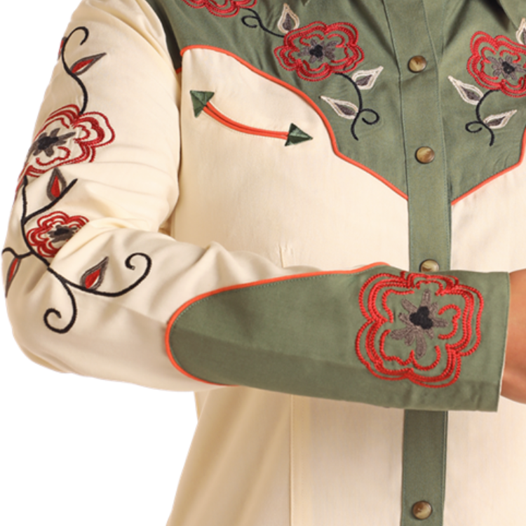 Panhandle LWD2R05820 Women's Retro Snap Dress Embroidered - Ecru