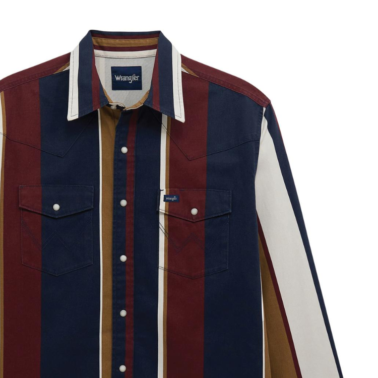 Wrangler 112381998 Men's Vintage Inspired Brush popper Long Sleeve Shirt - Classic Fit - Navy/Multi