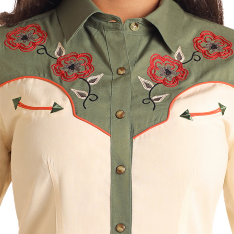 Panhandle LWD2R05820 Women's Retro Snap Dress Embroidered - Ecru