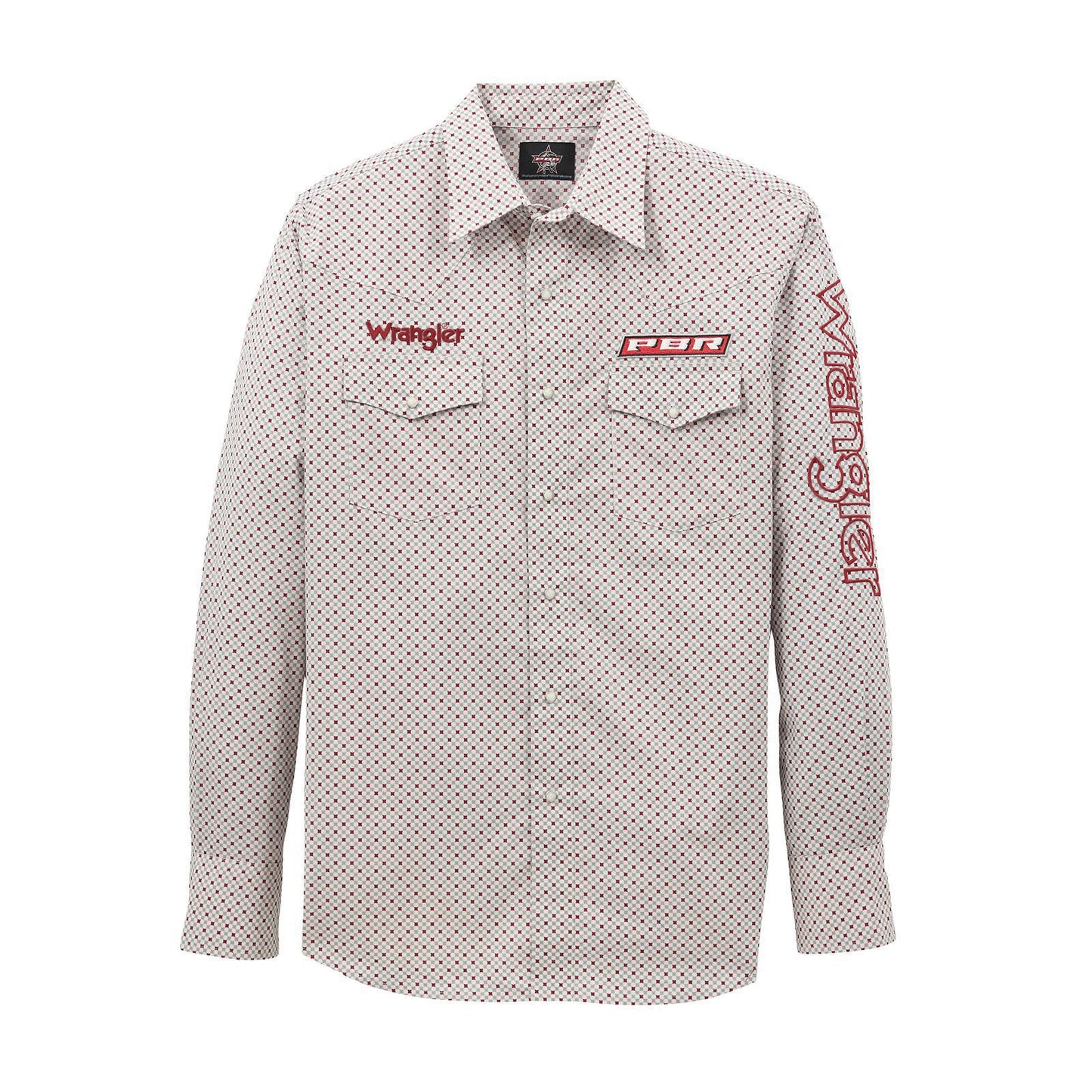 Wrangler 112368524 PBR Logo Long Sleeve Shirt - Gray/Red - Snaps