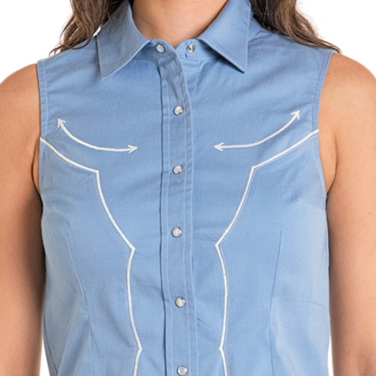 Rock & Roll BWN0S06674 Women's Sleeveless Embroidered Snap Shirt - Cerulean