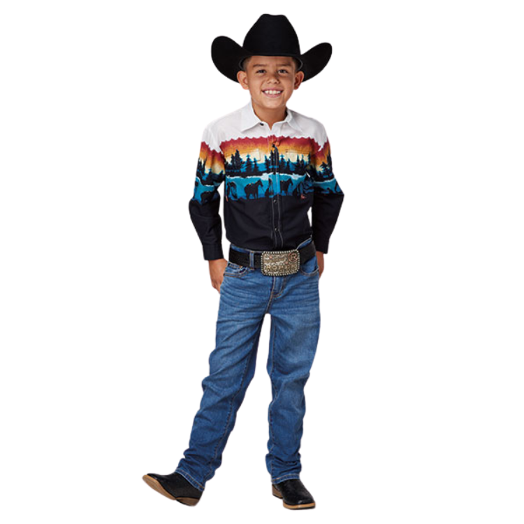 Roper 03-030-0421-0436 BOYS LAKESIDE SCENE L/S SHIRT SNAP SCENE BORDER PRINT