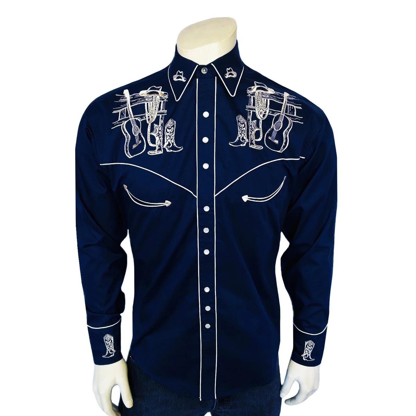 Rockmount 6734-NVY Men’s Navy Guitar, Boot & Hat Embroidered Western Shirt