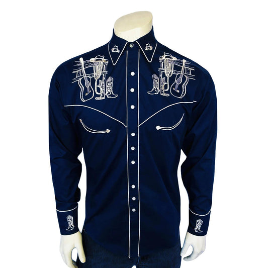Rockmount 6734-NVY Men’s Navy Guitar, Boot & Hat Embroidered Western Shirt
