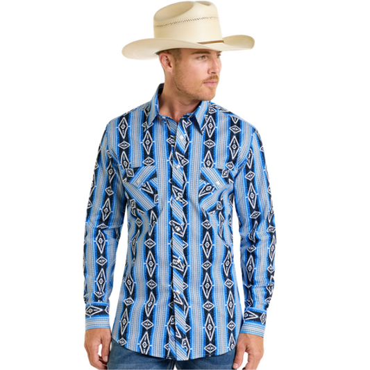 Rock & Roll BMN2S06491 Men's Aztec Stripe Long Sleeve Snap Shirt-Blue