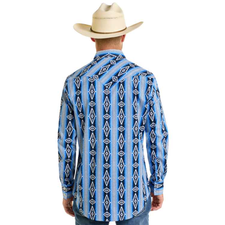 Rock & Roll BMN2S06491 Men's Aztec Stripe Long Sleeve Snap Shirt-Blue