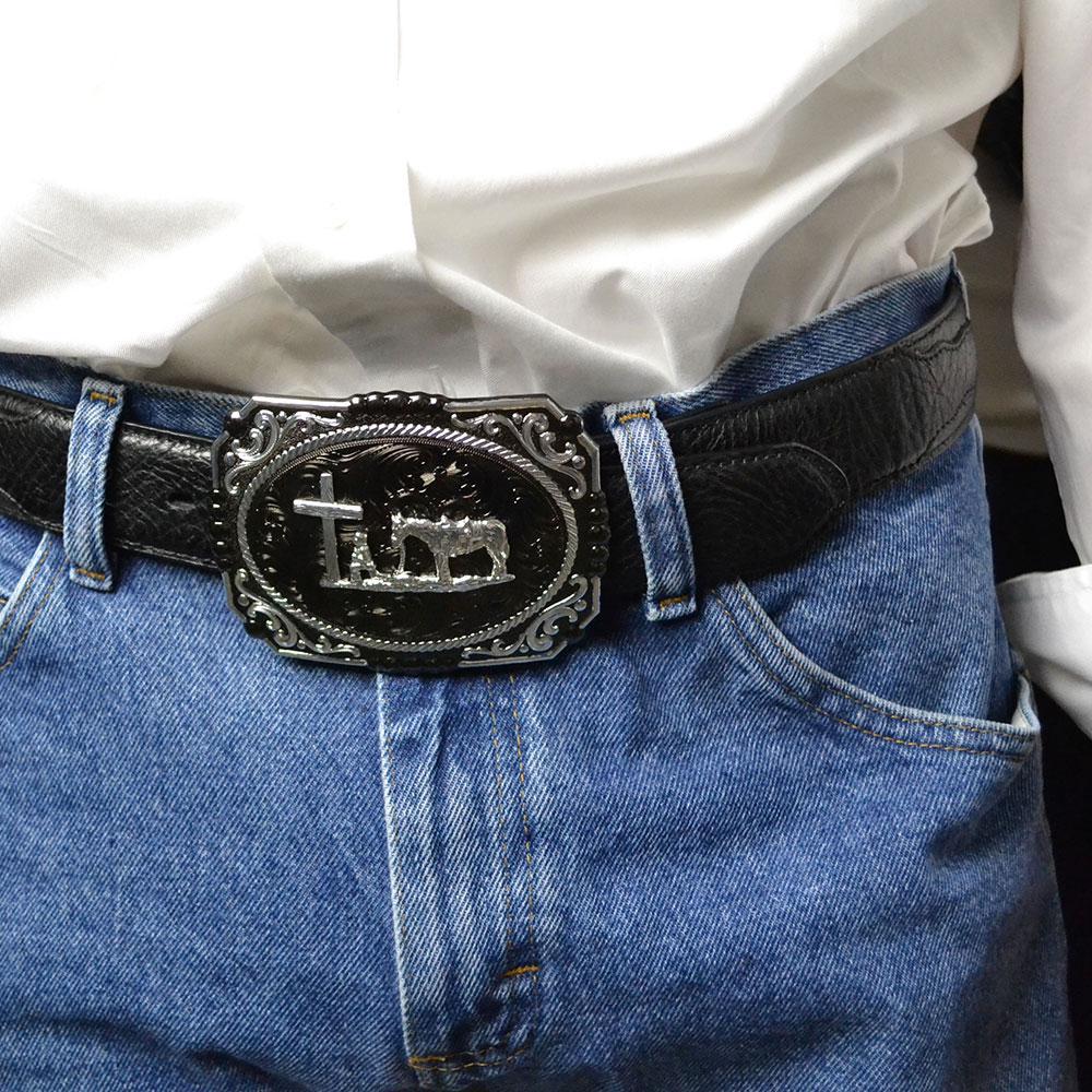 Montana Silversmith 25815SB-731 Gunmetal Cameo Filigree with Christian Cowboy Buckle