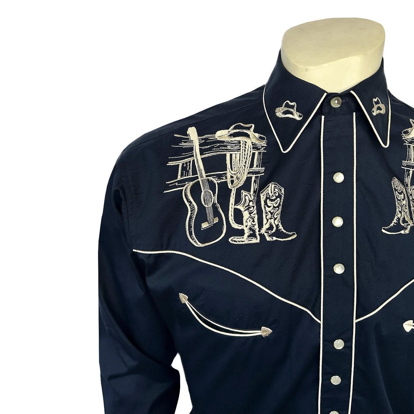 Rockmount 6734-NVY Men’s Navy Guitar, Boot & Hat Embroidered Western Shirt