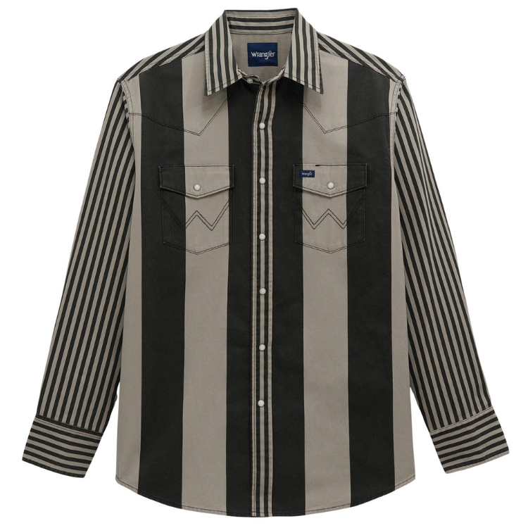 Wrangler 112381996 Men's Vintage Inspired Brush popper Long Sleeve Shirt - Classic Fit - Black/Grey
