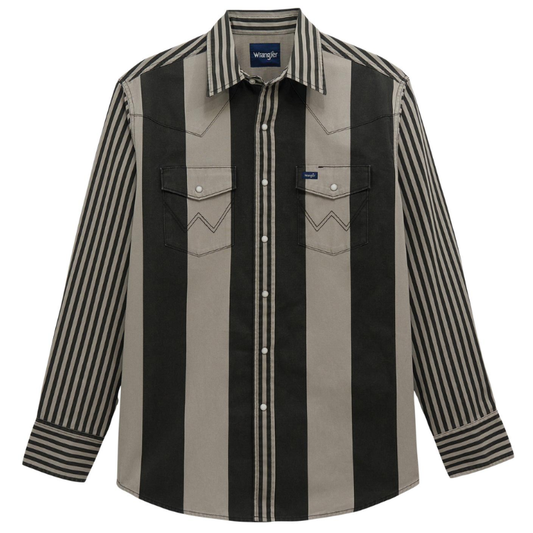 Wrangler 112381996 Men's Vintage Inspired Brush popper Long Sleeve Shirt - Classic Fit - Black/Grey