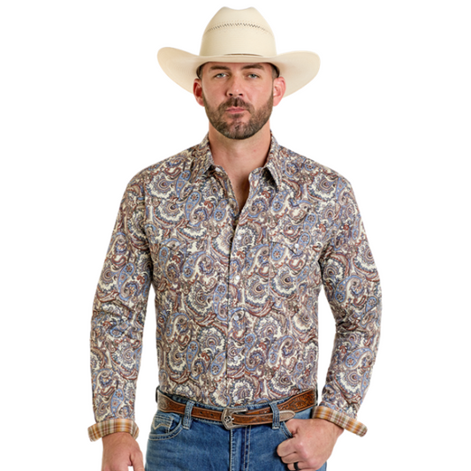 Rock & Roll RMN2S06537 Men's Long Sleeve Snap Shirt-Taupe