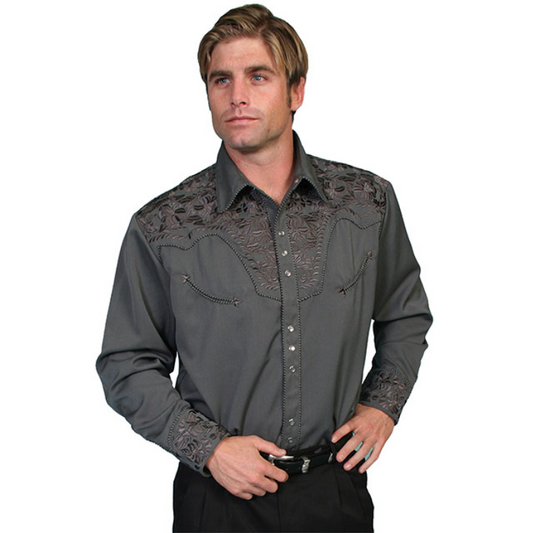 Scully P-634 - Charcoal - Floral Tooled Embroidered Shirt
