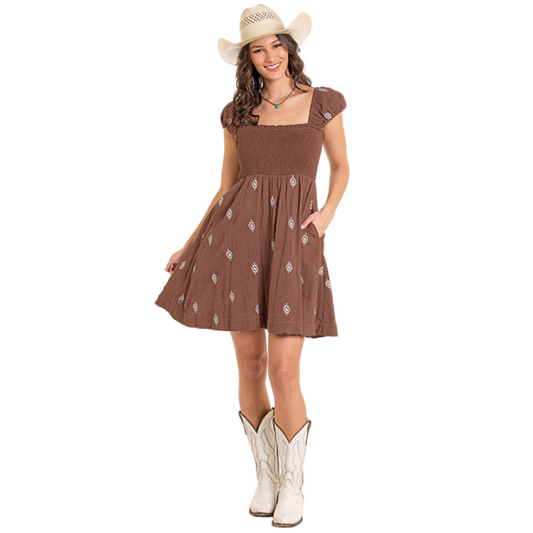 Rock & Roll BWD1R06321 Women's Aztec Embroidered Mini Dress-Brown