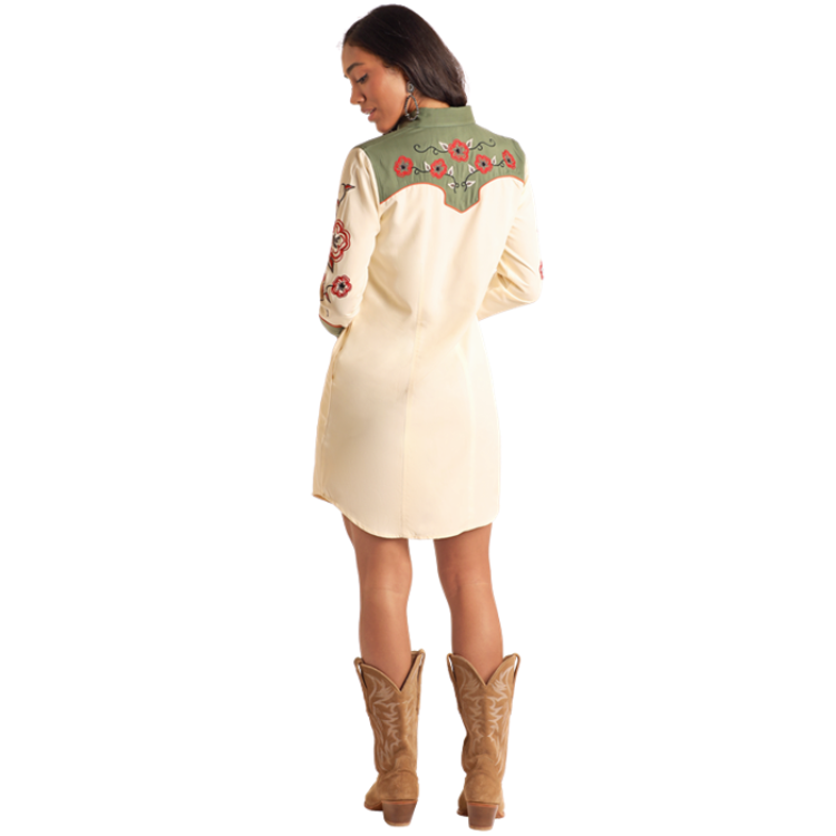 Panhandle LWD2R05820 Women's Retro Snap Dress Embroidered - Ecru