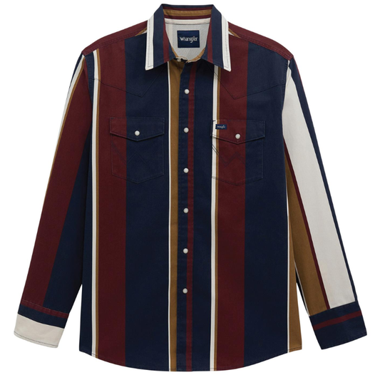 Wrangler 112381998 Men's Vintage Inspired Brush popper Long Sleeve Shirt - Classic Fit - Navy/Multi