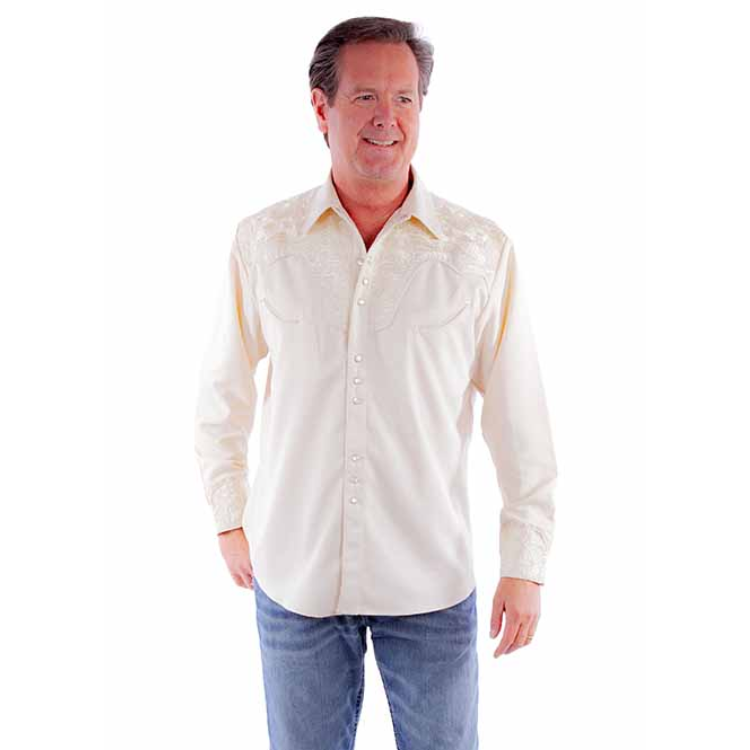 Scully P-634 - Ivory - Floral Tooled Embroidered Shirt