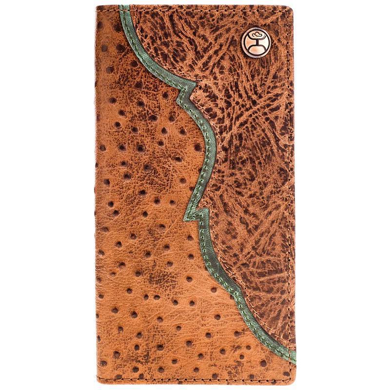Hooey HW032-TNBR "SAWYER" OSTRICH PRINT BROWN/TURQUOISE RODEO WALLET