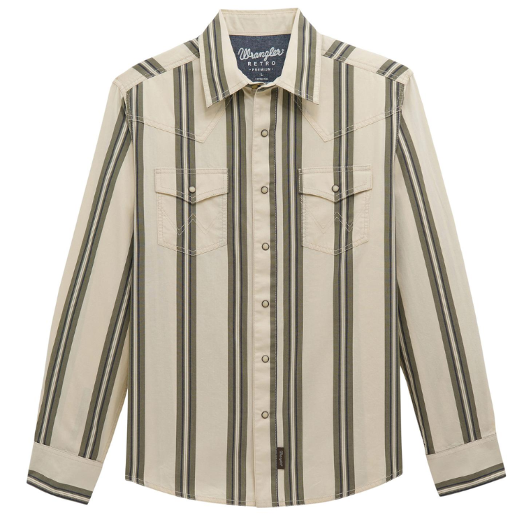 Wrangler 112381538 Men's Retro Premium Long Sleeve Snap Shirt - Modern Fit - Green/Ecru