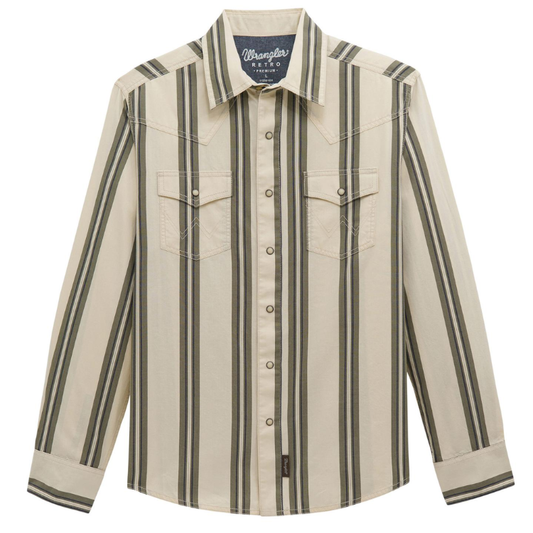 Wrangler 112381538 Men's Retro Premium Long Sleeve Snap Shirt - Modern Fit - Green/Ecru