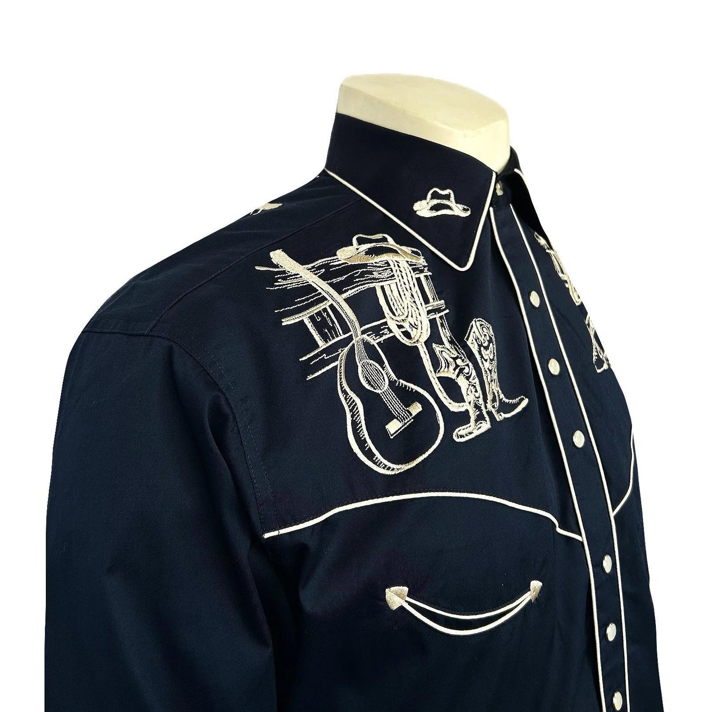 Rockmount 6734-NVY Men’s Navy Guitar, Boot & Hat Embroidered Western Shirt
