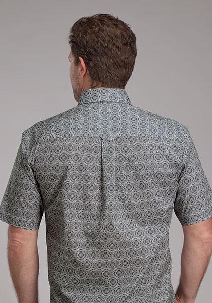 Roper 03-002-0326-3100 Men's Short Sleeve Button Shirt Stretch Medallion-Grey Paisley