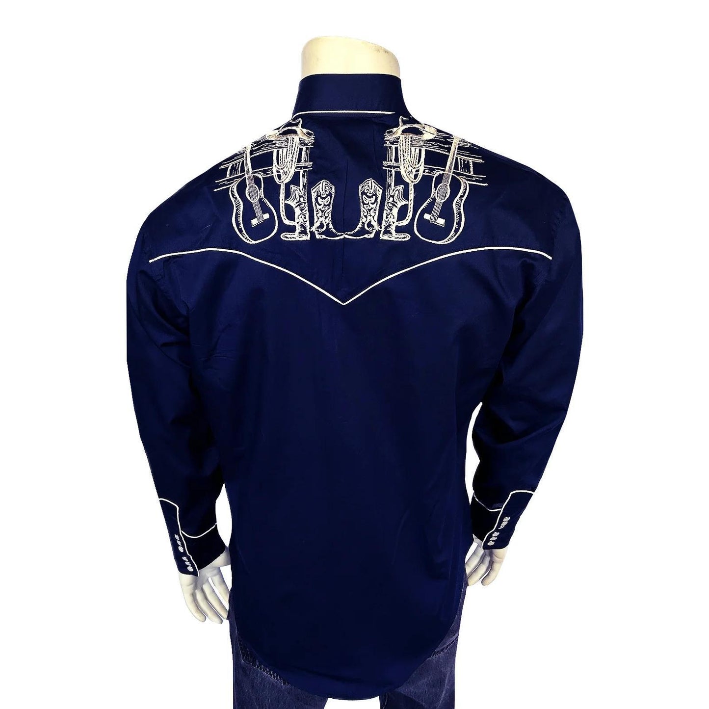 Rockmount 6734-NVY Men’s Navy Guitar, Boot & Hat Embroidered Western Shirt